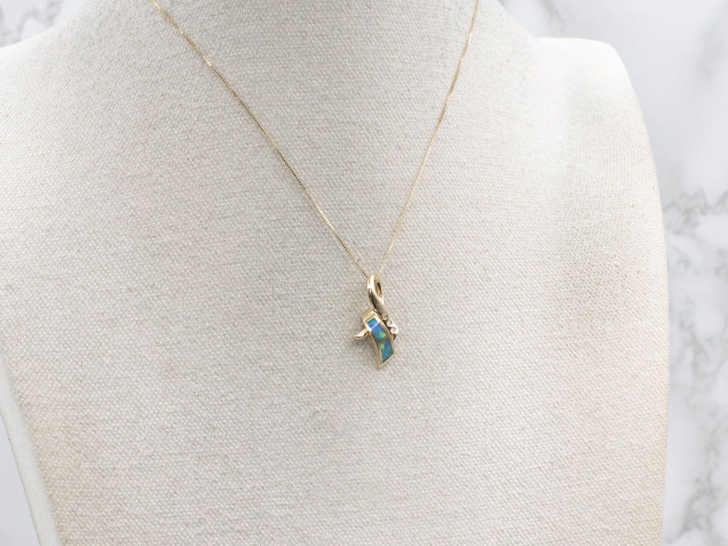 Modern Opal Inlay and Diamond Yellow Gold Pendant