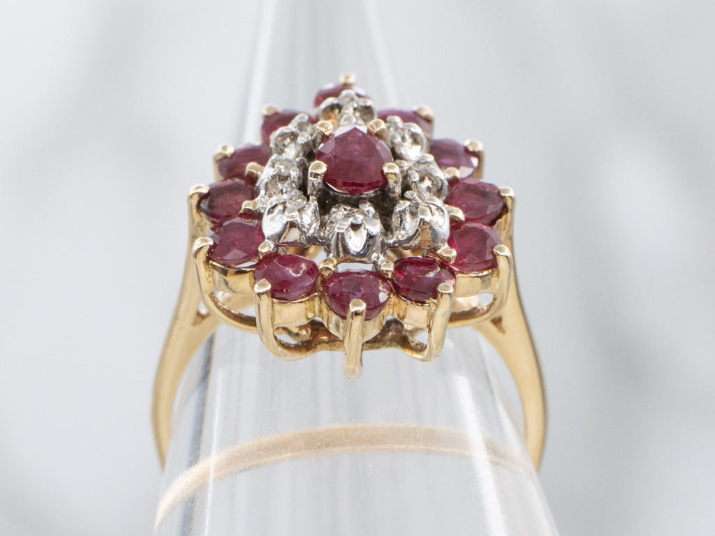 Ruby Diamond and Gold Cluster Cockatil Ring