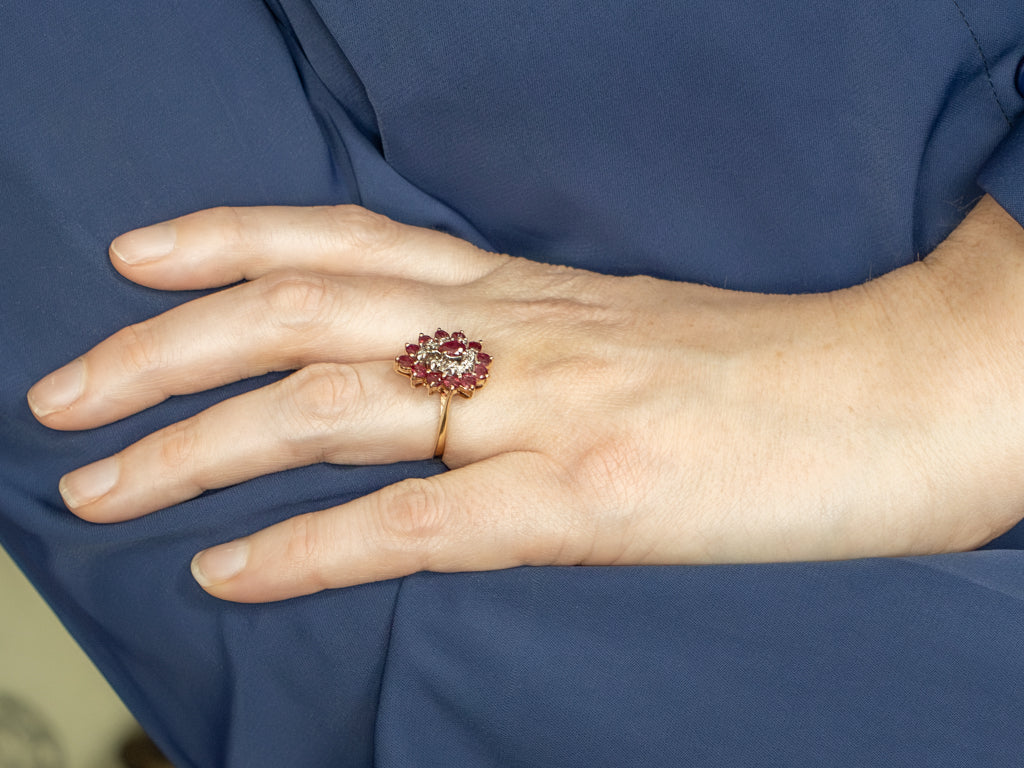 Ruby Diamond and Gold Cluster Cockatil Ring