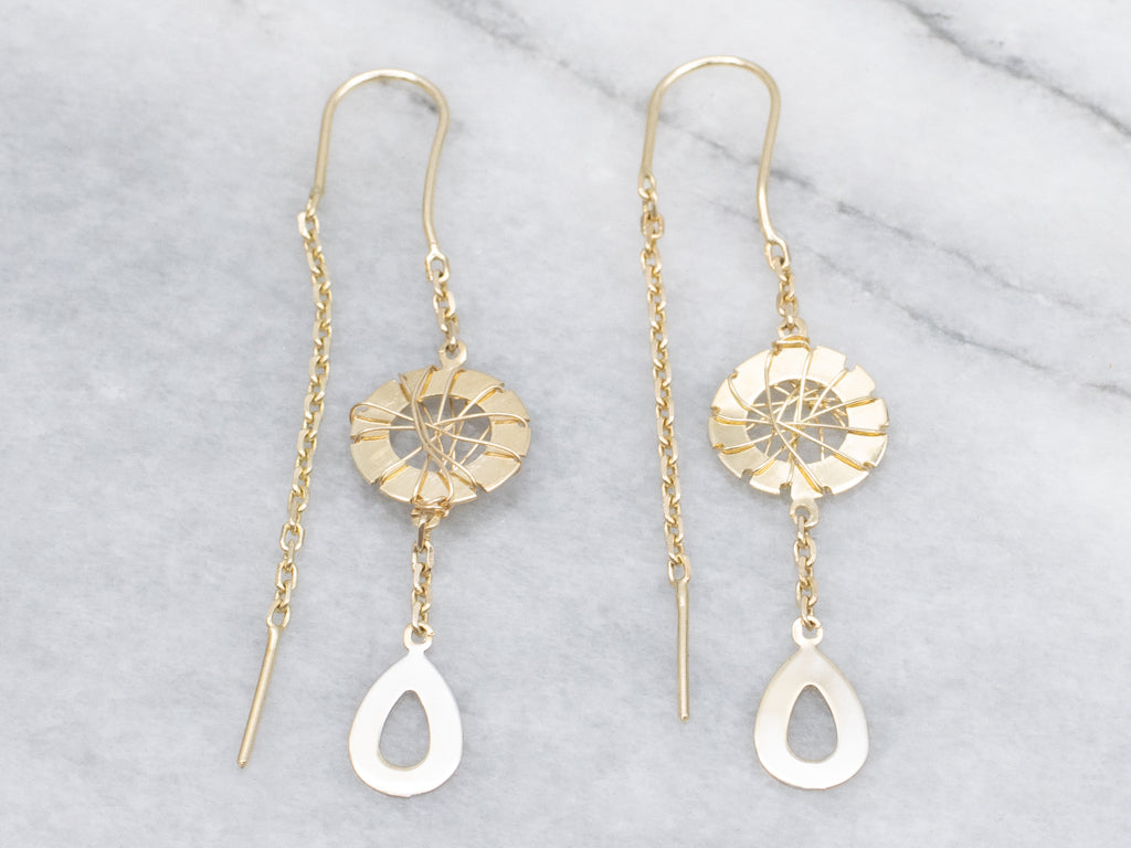 Yellow Gold Woven Wire Disc Threader Earrings