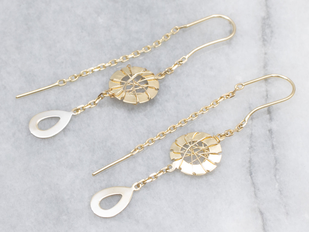 Yellow Gold Woven Wire Disc Threader Earrings