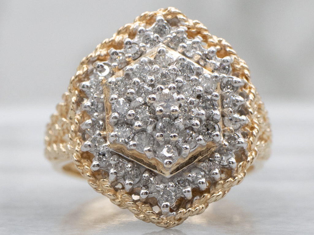 Vintage Gold Diamond Cluster Cocktail Ring with Rope Details