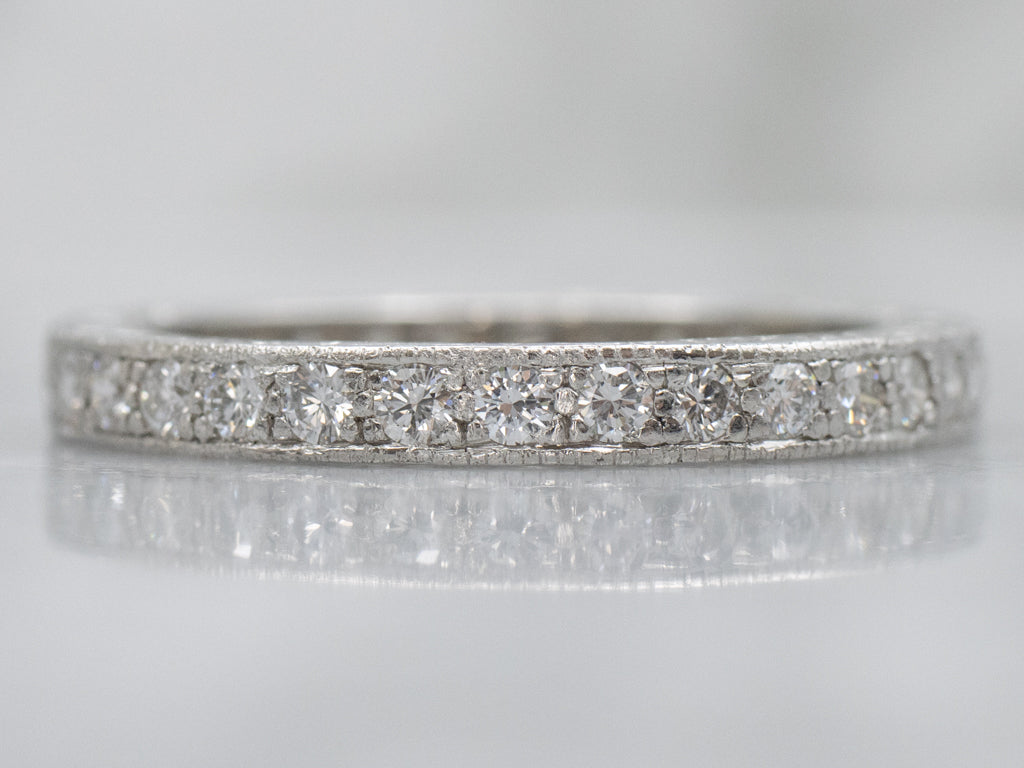 Diamond Eternity Platinum Band with Patterned Edges