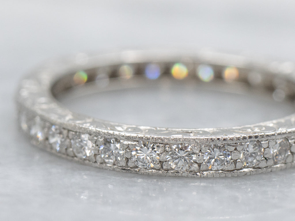 Diamond Eternity Platinum Band with Patterned Edges