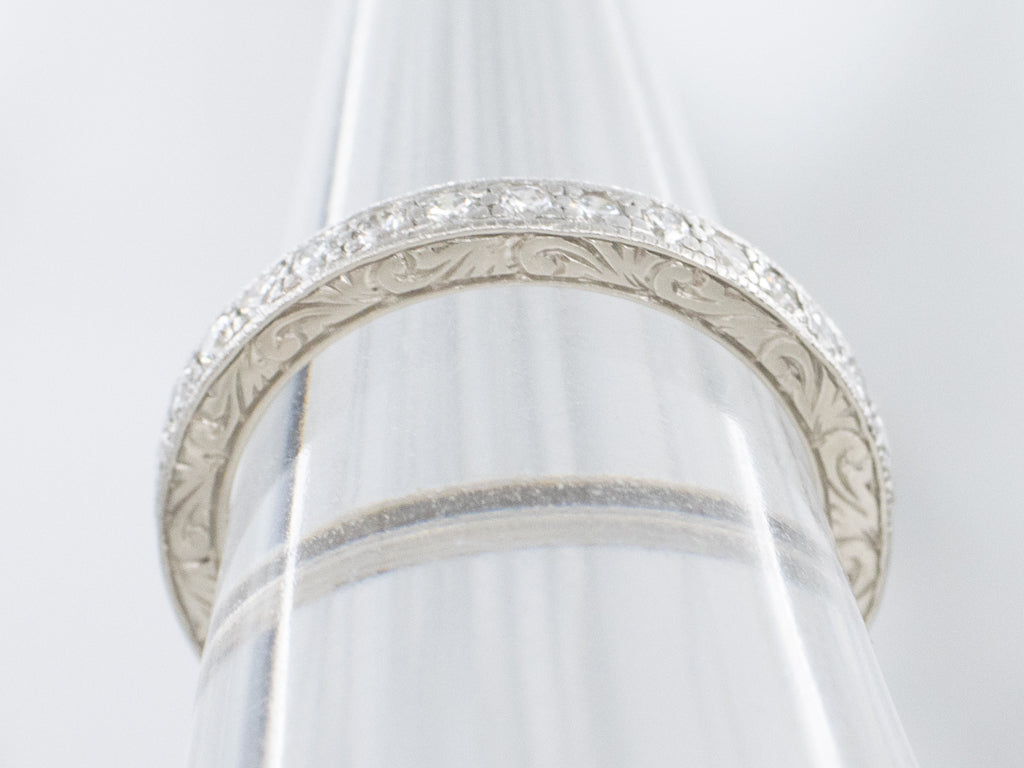 Diamond Eternity Platinum Band with Patterned Edges