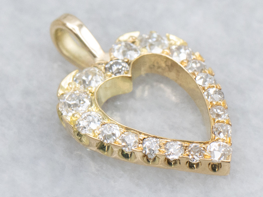 Old Mine Cut Diamond Heart Yellow Gold Pendant