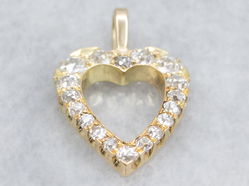 Old Mine Cut Diamond Heart Yellow Gold Pendant