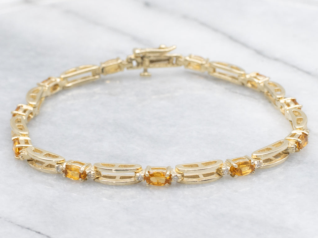 Yellow Gold Citrine and Diamond Gemstone Link Bracelet