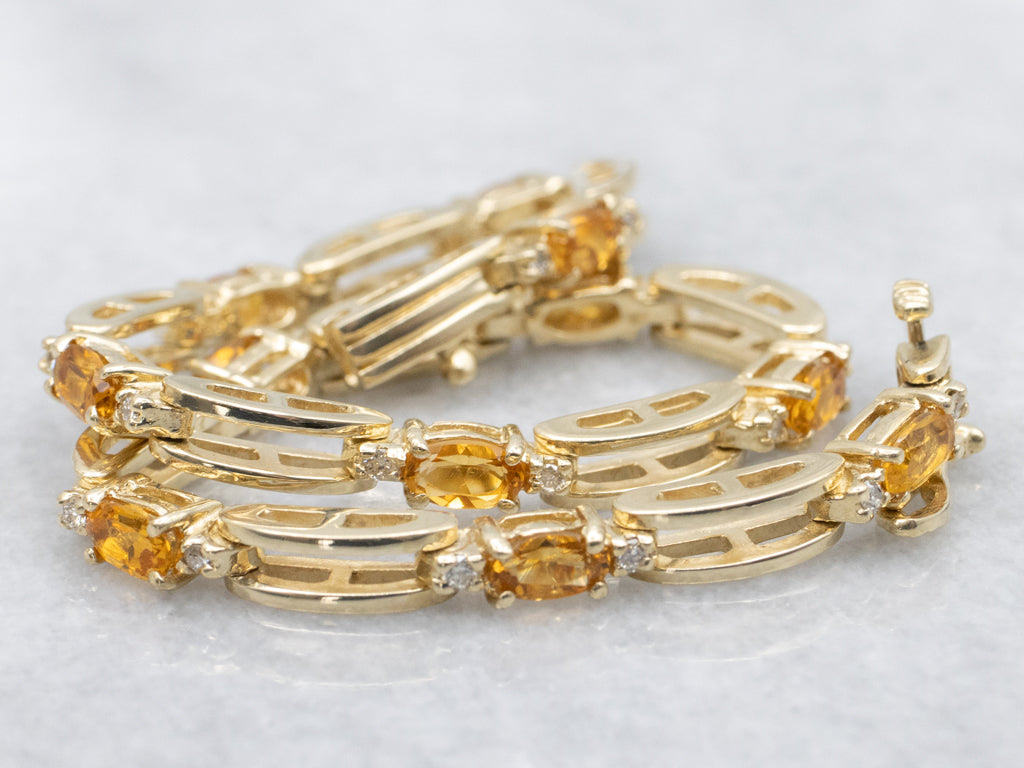 Yellow Gold Citrine and Diamond Gemstone Link Bracelet