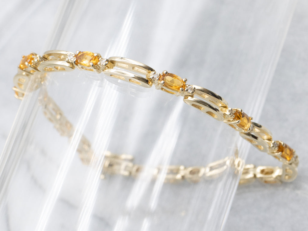 Yellow Gold Citrine and Diamond Gemstone Link Bracelet