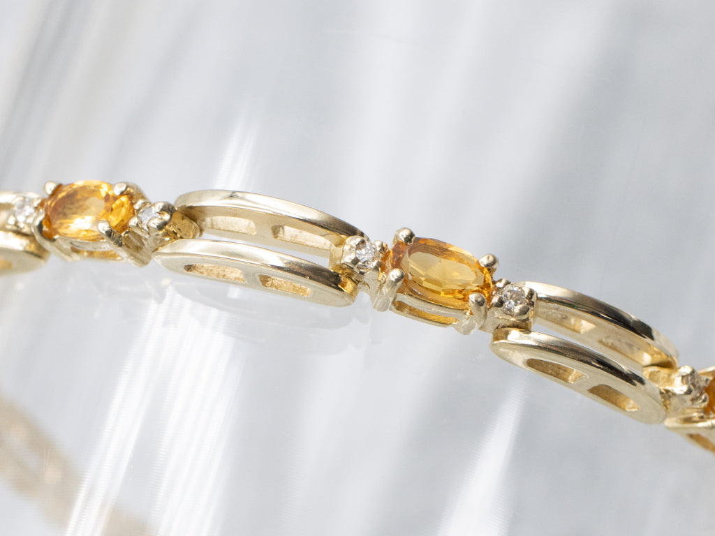 Yellow Gold Citrine and Diamond Gemstone Link Bracelet