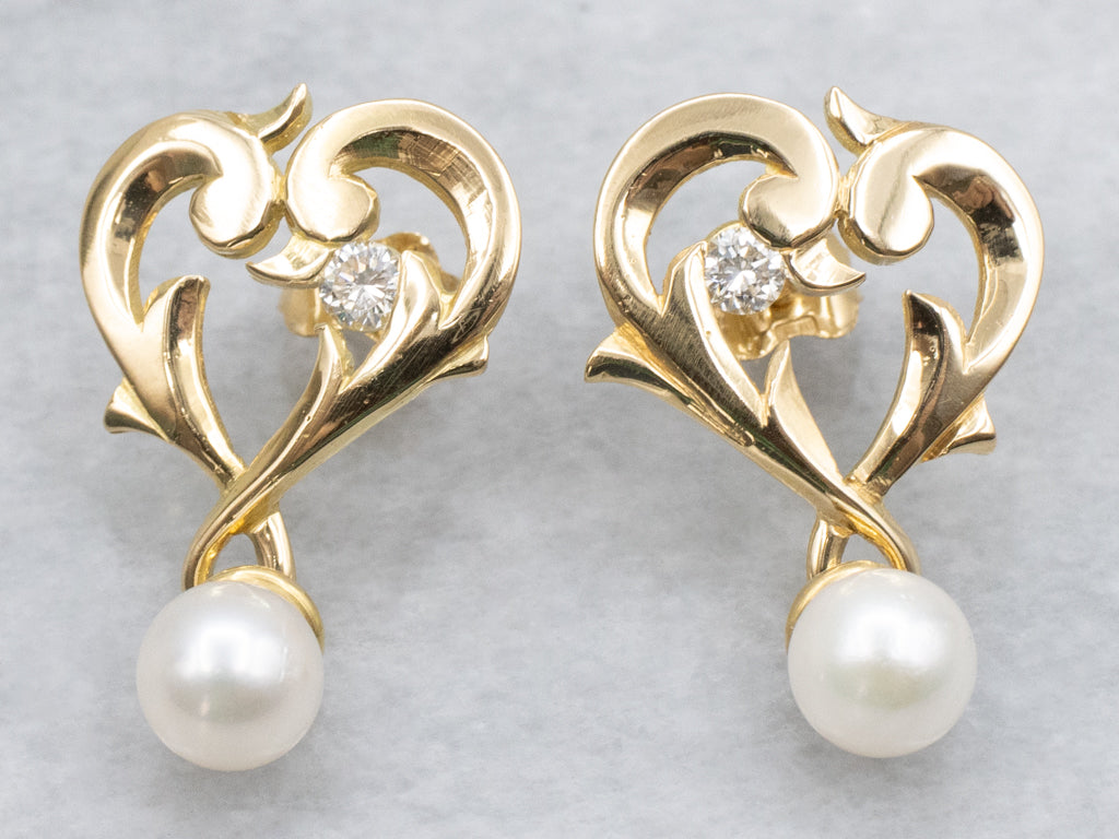 Sweetheart Diamond and Pearl Gold Drop Earrings