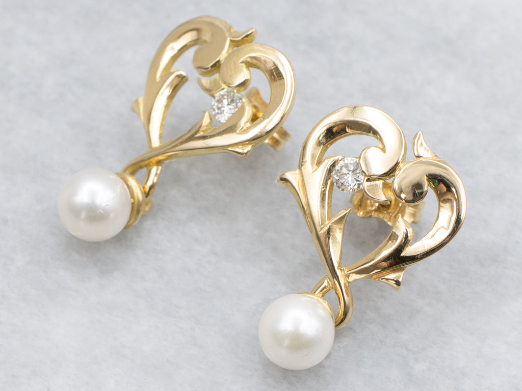 Sweetheart Diamond and Pearl Gold Drop Earrings
