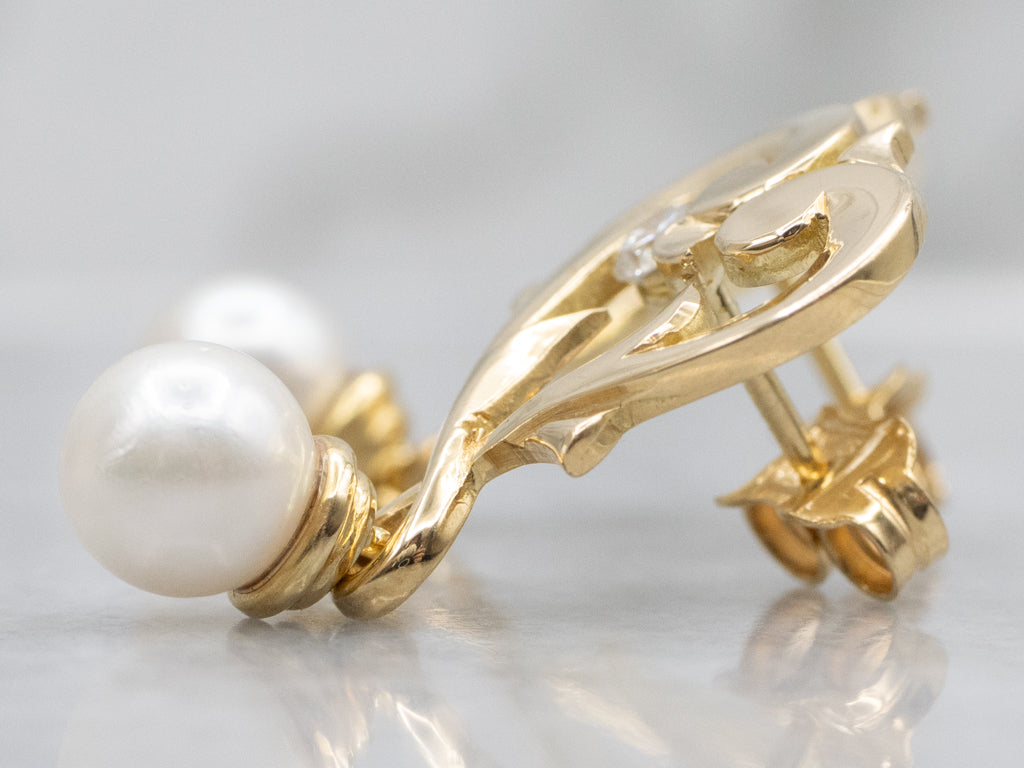 Sweetheart Diamond and Pearl Gold Drop Earrings