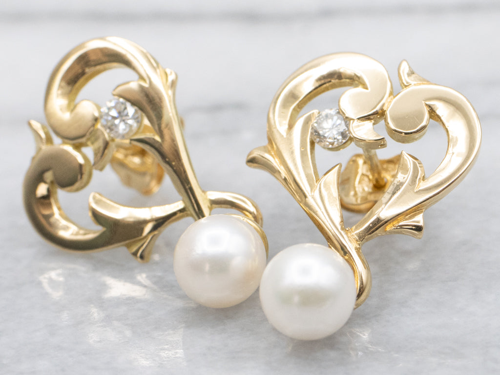 Sweetheart Diamond and Pearl Gold Drop Earrings