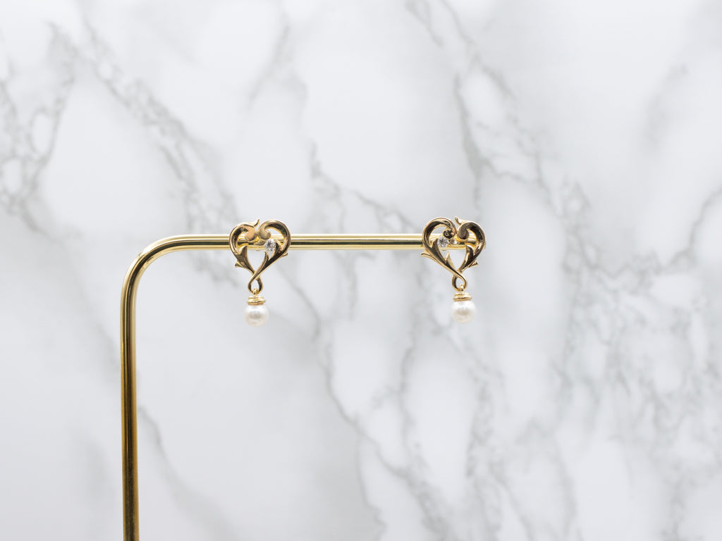 Sweetheart Diamond and Pearl Gold Drop Earrings