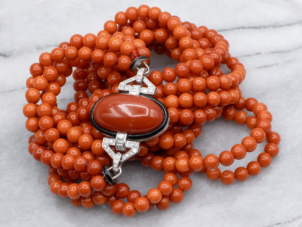 Art Deco Era Platinum Coral and Gold Cartier Enamel Jewelry Set