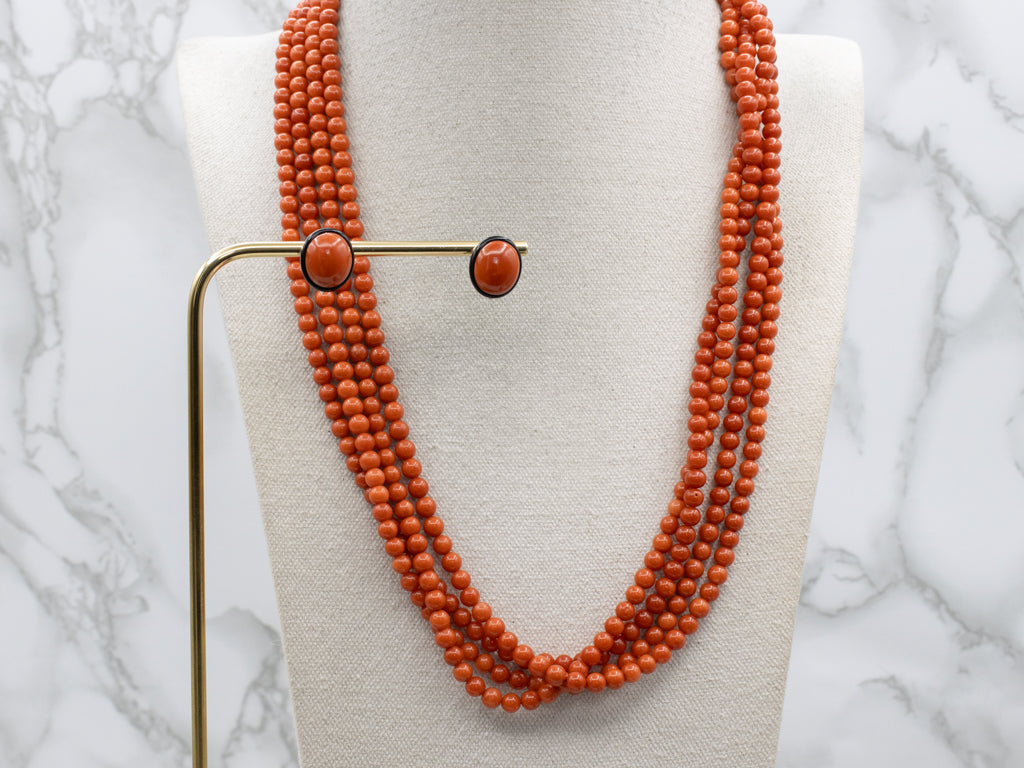 Art Deco Era Platinum Coral and Gold Cartier Enamel Jewelry Set