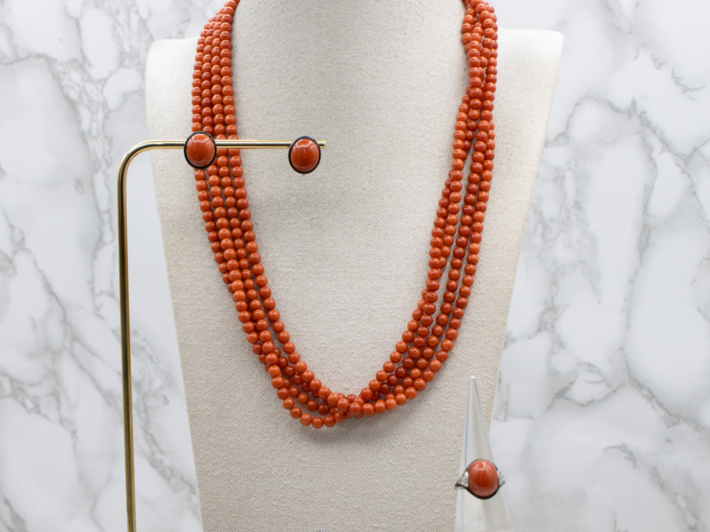 Art Deco Era Platinum Coral and Gold Cartier Enamel Jewelry Set