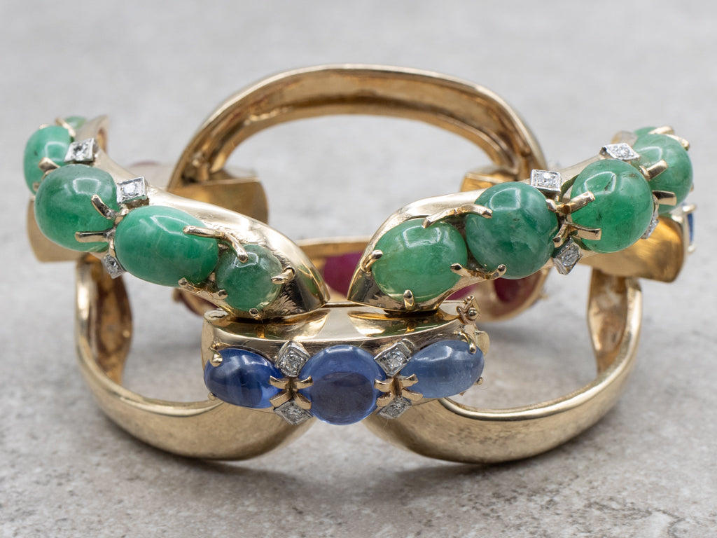 Designer Seaman Schepps Emerald Ruby Cabochon and Sapphire Bold Gold Link Bracelet