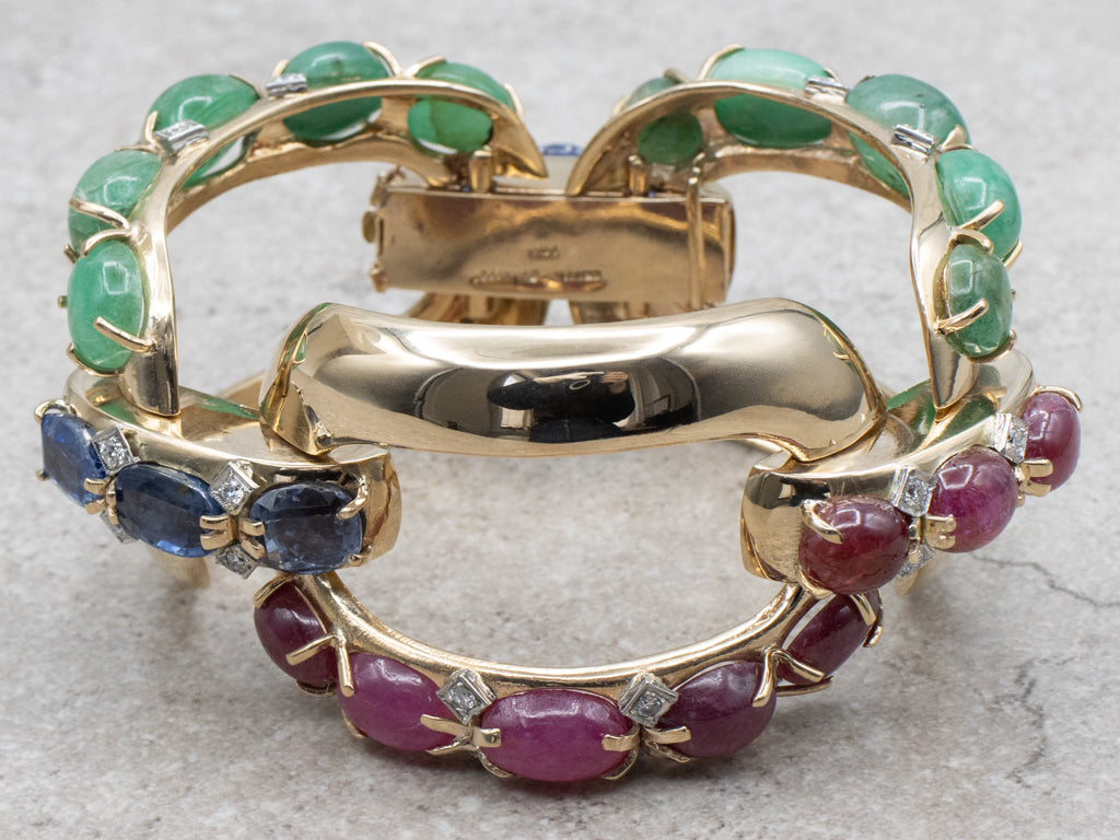 Designer Seaman Schepps Emerald Ruby Cabochon and Sapphire Bold Gold Link Bracelet