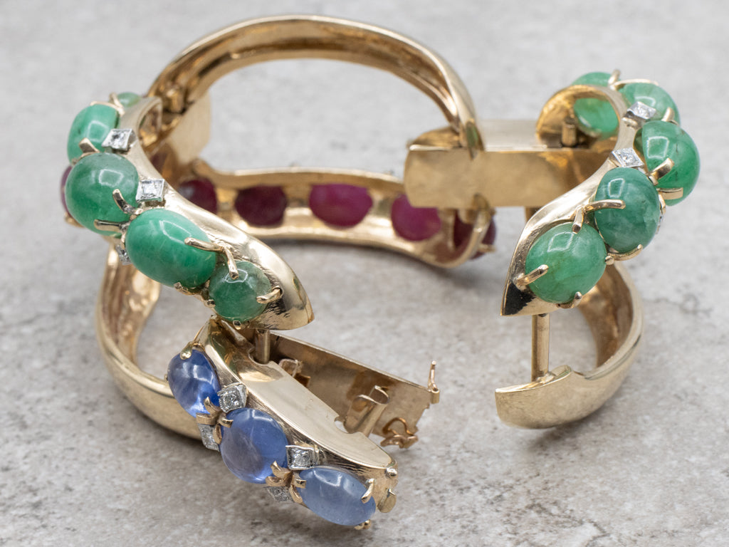 Designer Seaman Schepps Emerald Ruby Cabochon and Sapphire Bold Gold Link Bracelet