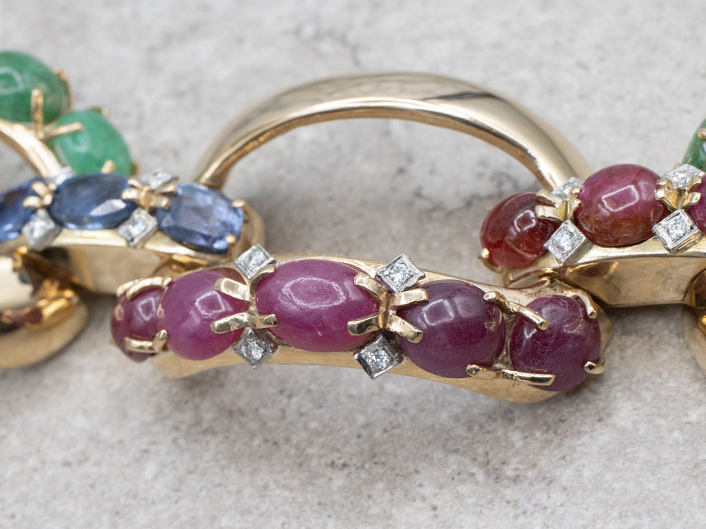 Designer Seaman Schepps Emerald Ruby Cabochon and Sapphire Bold Gold Link Bracelet