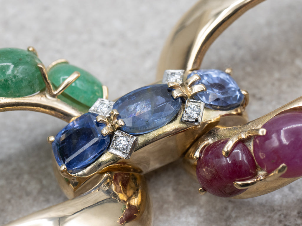 Designer Seaman Schepps Emerald Ruby Cabochon and Sapphire Bold Gold Link Bracelet