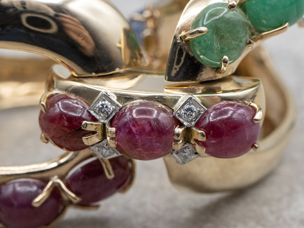 Designer Seaman Schepps Emerald Ruby Cabochon and Sapphire Bold Gold Link Bracelet