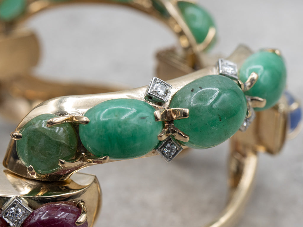 Designer Seaman Schepps Emerald Ruby Cabochon and Sapphire Bold Gold Link Bracelet