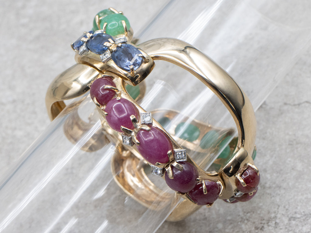 Designer Seaman Schepps Emerald Ruby Cabochon and Sapphire Bold Gold Link Bracelet