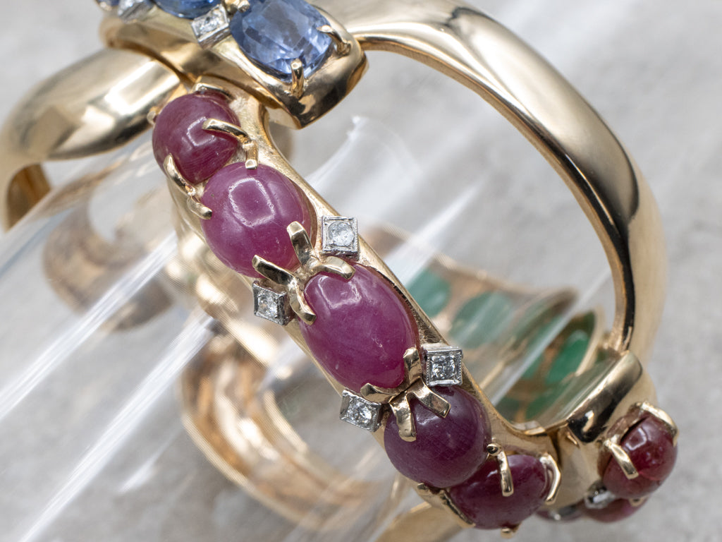 Designer Seaman Schepps Emerald Ruby Cabochon and Sapphire Bold Gold Link Bracelet