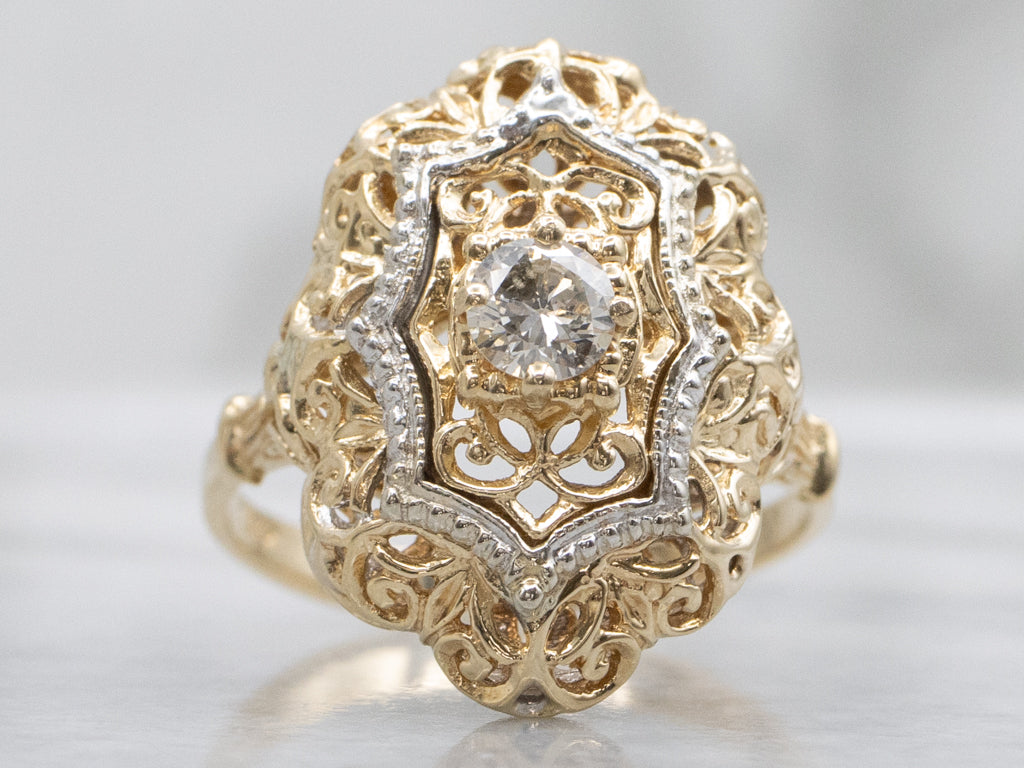 Ornate Round-Brilliant Diamond Filigree Dinner Ring
