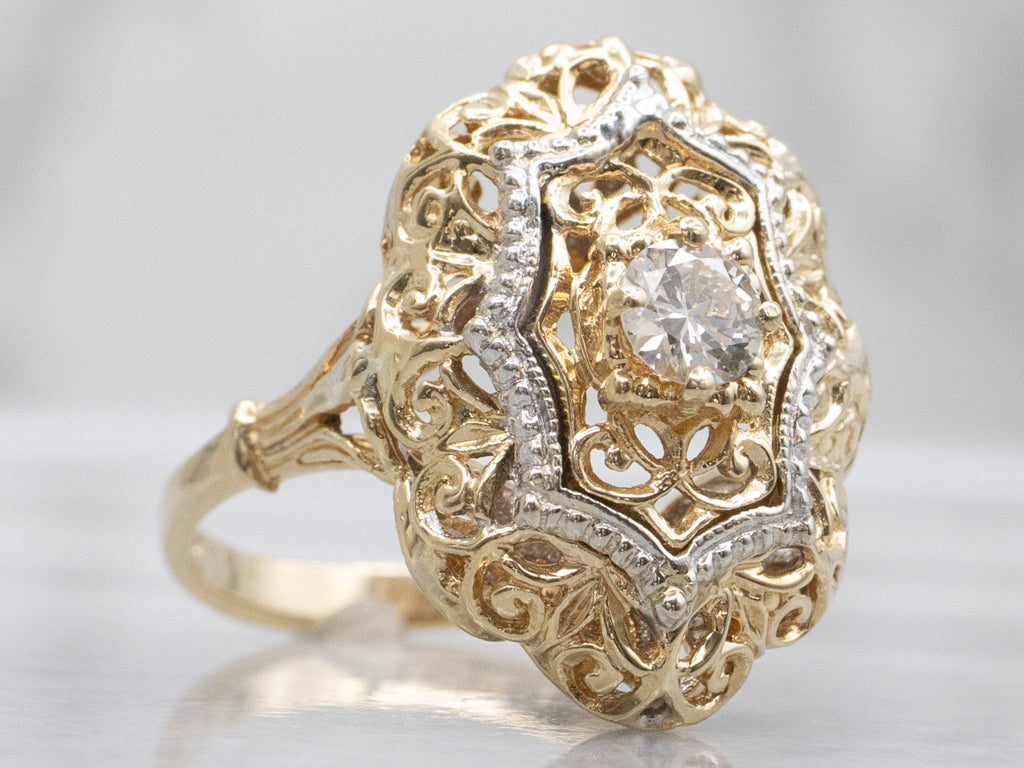 Ornate Round-Brilliant Diamond Filigree Dinner Ring