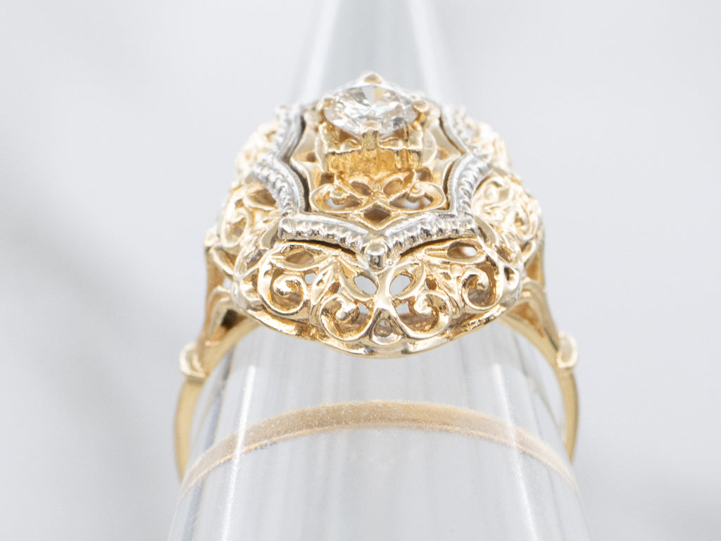 Ornate Round-Brilliant Diamond Filigree Dinner Ring