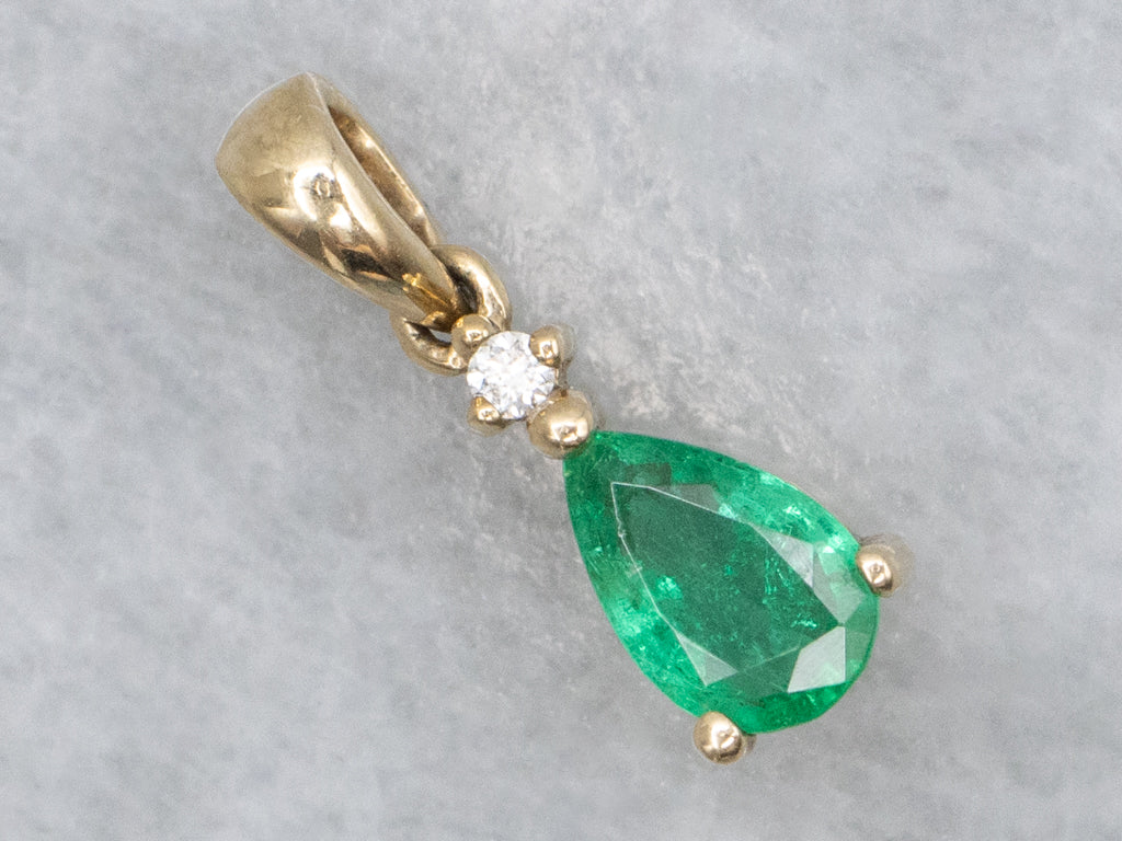 Pear Cut Emerald and Diamond Gold Pendant