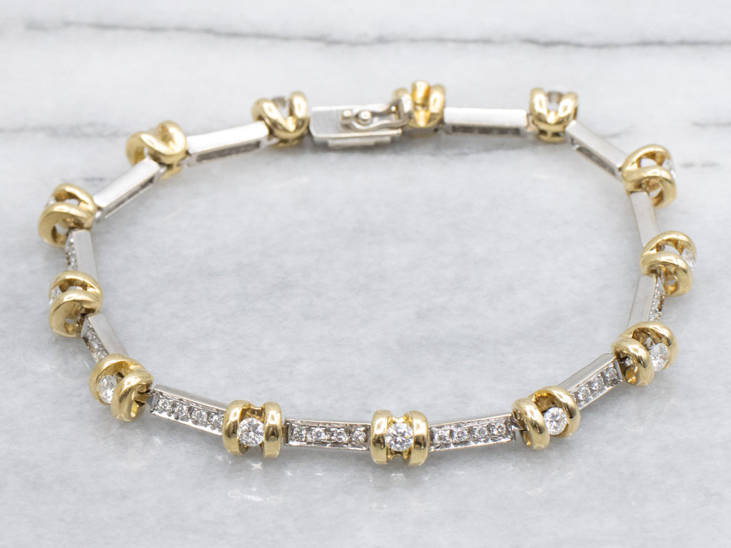 Diamond Italian Two-Tone Gold Bar Link Bracelet