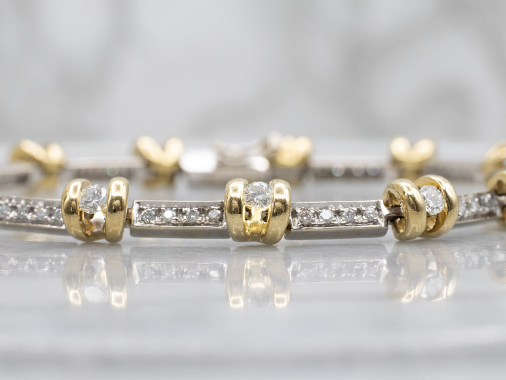 Diamond Italian Two-Tone Gold Bar Link Bracelet
