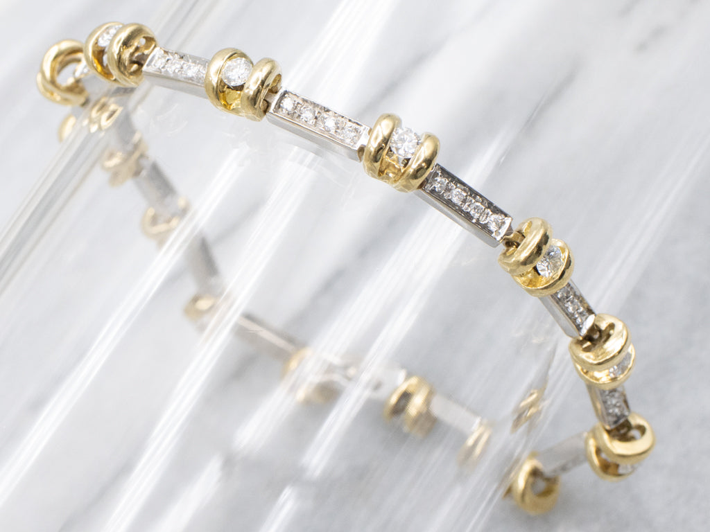 Diamond Italian Two-Tone Gold Bar Link Bracelet
