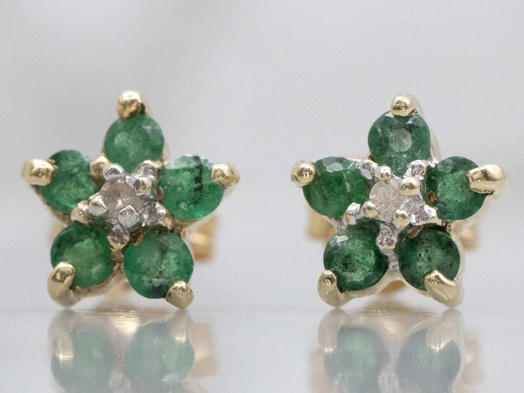 Emerald and Diamond Flower Stud Earrings