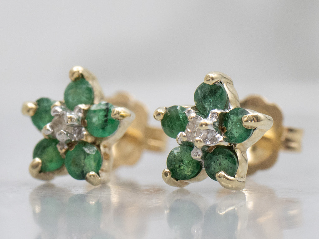 Emerald and Diamond Flower Stud Earrings
