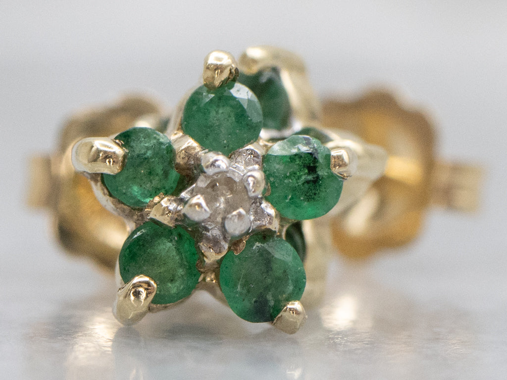 Emerald and Diamond Flower Stud Earrings