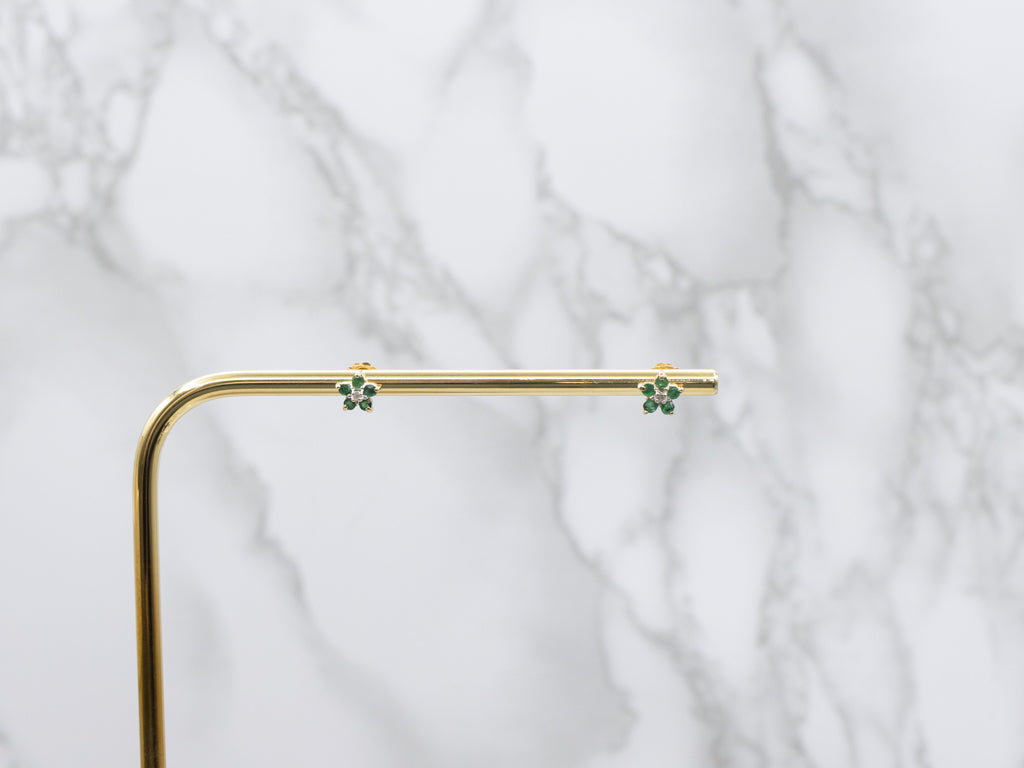 Emerald and Diamond Flower Stud Earrings