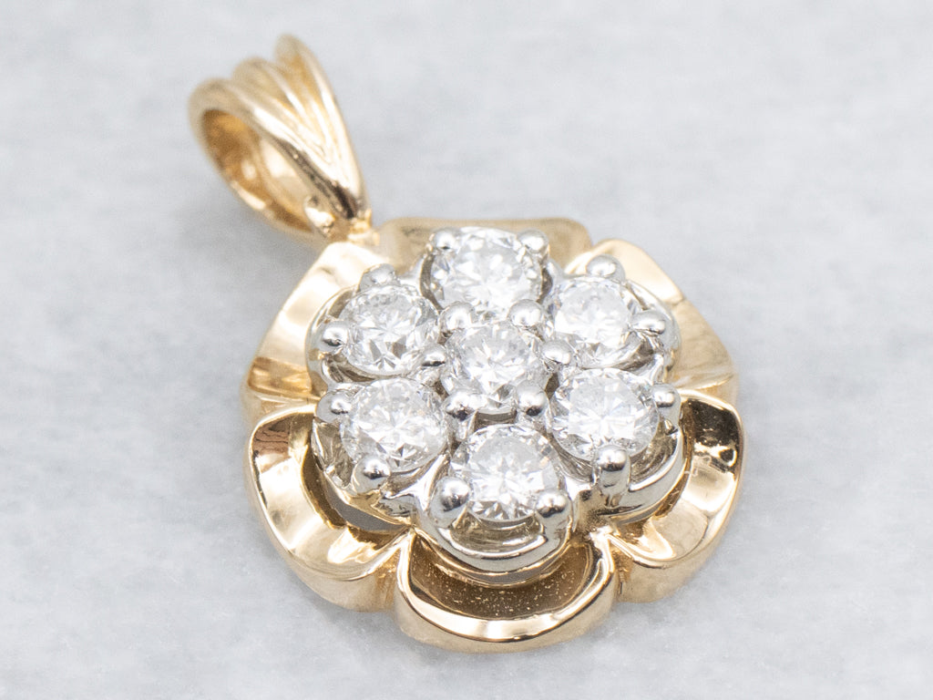 Two-Tone Gold Diamond Cluster Flower Pendant