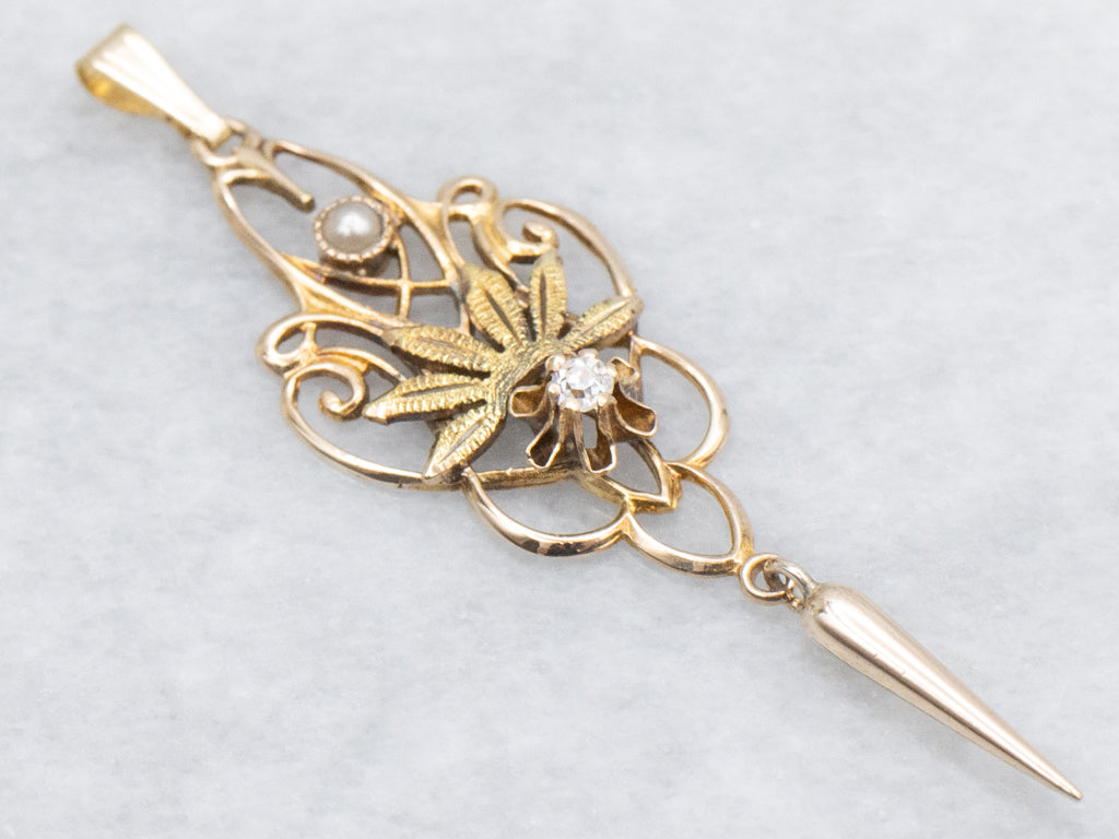 Floral Old Mine Diamond and Seed Pearl Gold Lavalier Pendant