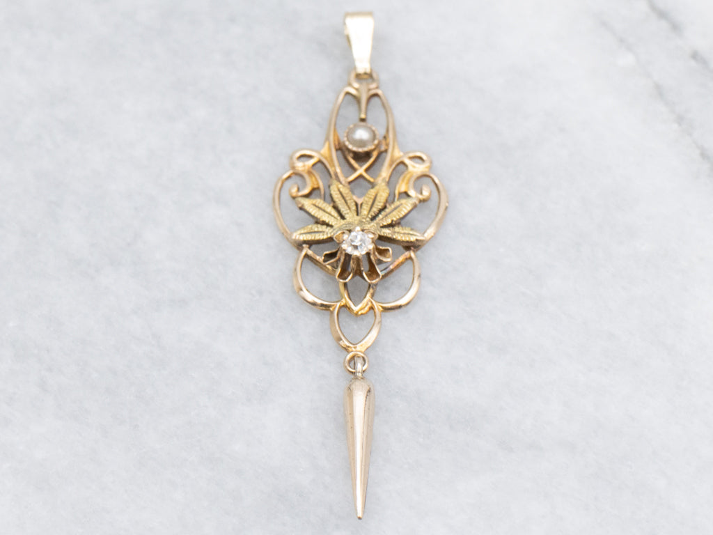 Floral Old Mine Diamond and Seed Pearl Gold Lavalier Pendant