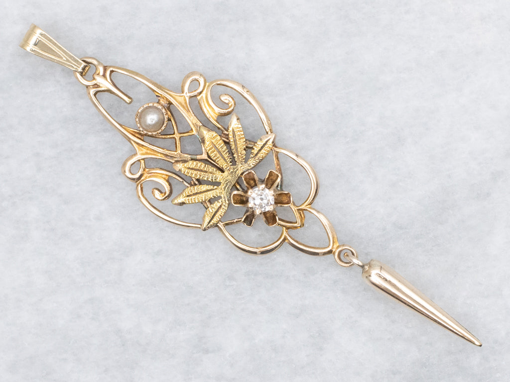 Floral Old Mine Diamond and Seed Pearl Gold Lavalier Pendant