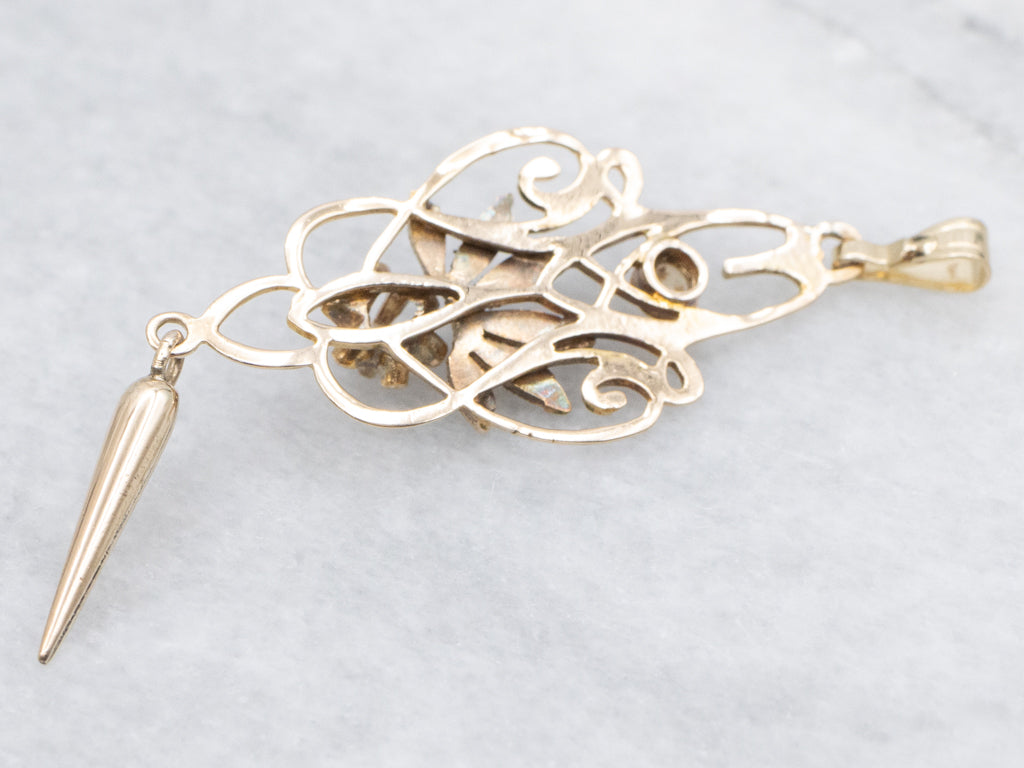 Floral Old Mine Diamond and Seed Pearl Gold Lavalier Pendant