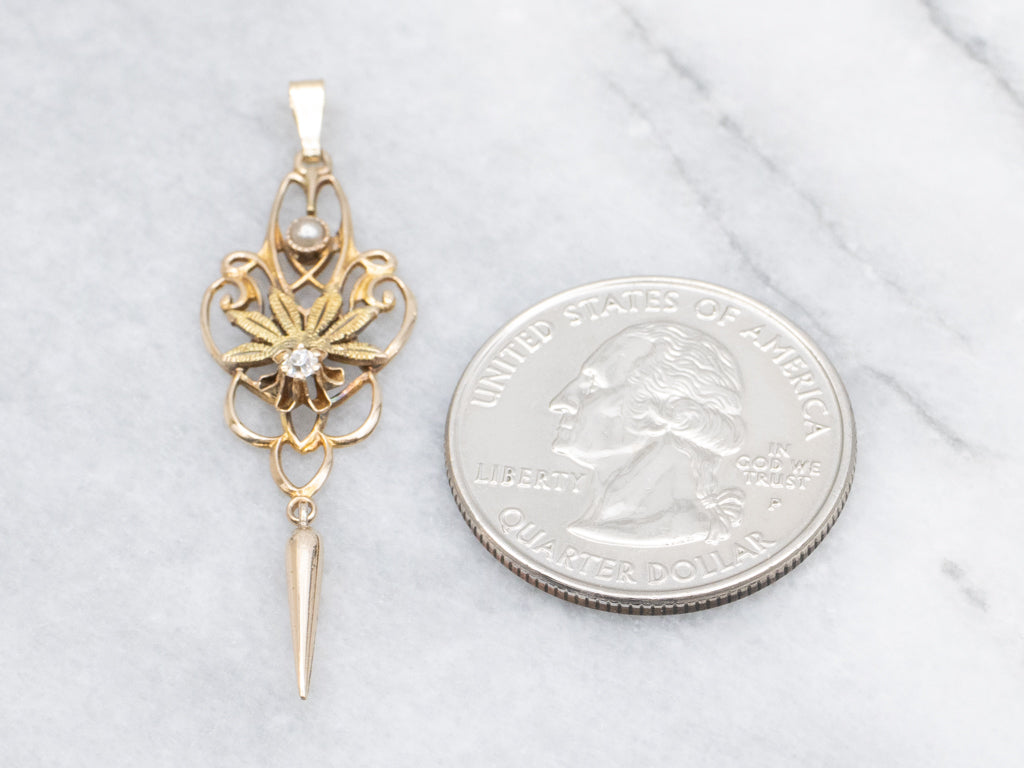 Floral Old Mine Diamond and Seed Pearl Gold Lavalier Pendant