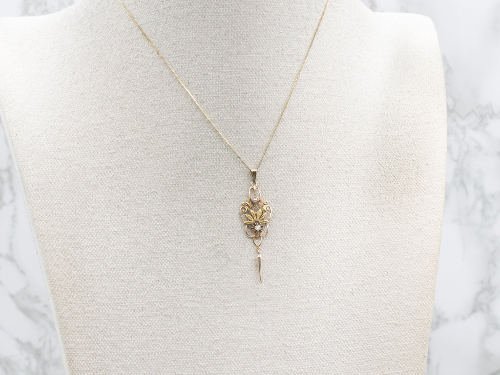 Floral Old Mine Diamond and Seed Pearl Gold Lavalier Pendant